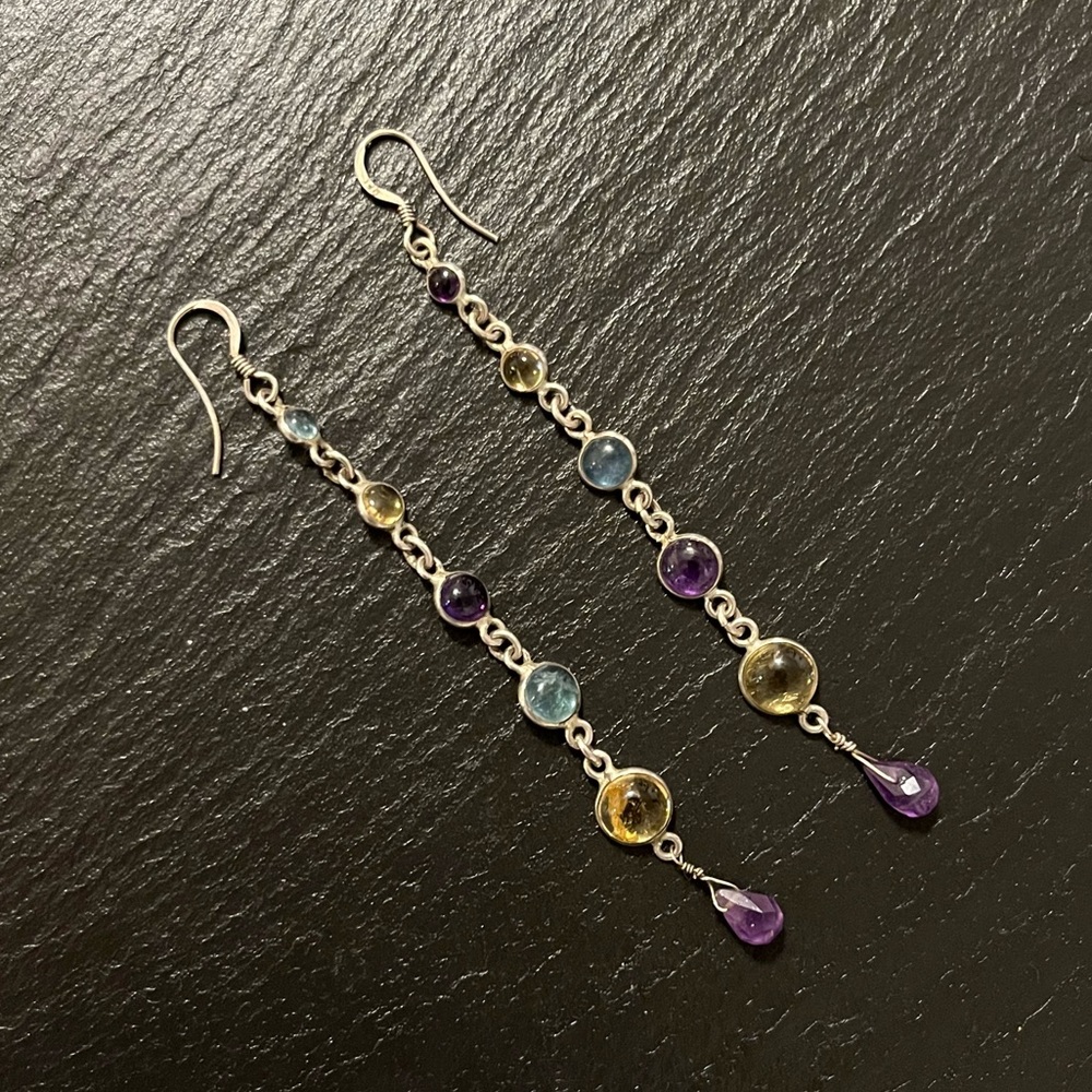 Dazzling Drop Silver and Gemstone Multicolored Dangle Earrings with French Hooks
